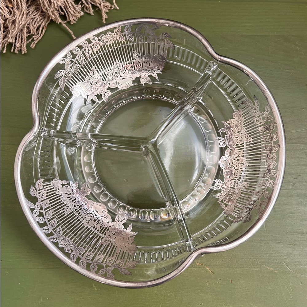 Vintage Glass Dish with Silver Floral Overlay – 3 Section Divided Candy Dish